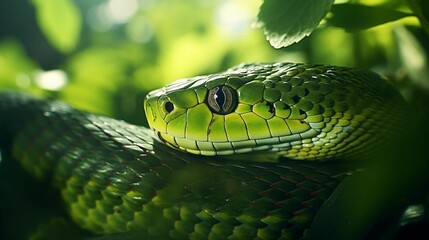 Fototapeta premium AI generated illustration of a close up shot of a green snake with black eyes atop a log