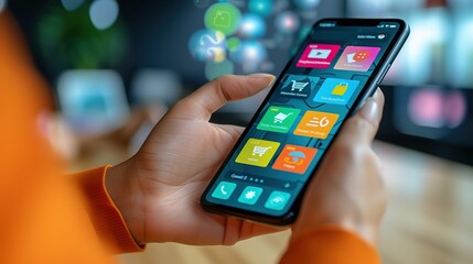 Close-up of a person's hands holding a smartphone, interacting with colorful application icons on the touch screen interface.