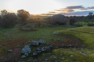 Landscape at sunset in the natural area of Barruecos. Spain.