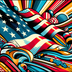  a pop art-inspired version of the US flag, with bold colors, graphic shapes, and dynamic patterns that reflect the energy and vibrancy of American culture.
