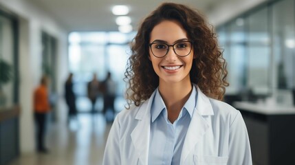 Fototapeta premium AI generated illustration of a young woman nurse wearing glasses in a hospital hallway
