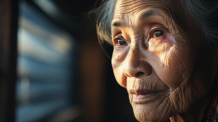 AI generated illustration of an elderly Asian woman with wrinkles on her face, looking out of window
