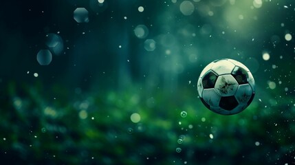 Fototapeta premium AI generated illustration of a soccer ball suspended in mid-air against a blurred outdoor background