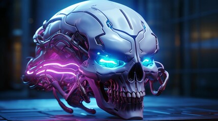 a stylized image of an alien head with glowing eyes and blue lights