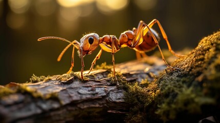 Closeup of an ant perched atop the gnarled bark of a tree, AI-generated. - obrazy, fototapety, plakaty