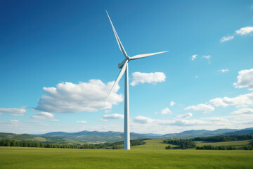 Fototapeta premium A lone wind turbine spins gracefully in a vast green field, symbolizing renewable energy, AI Generative.