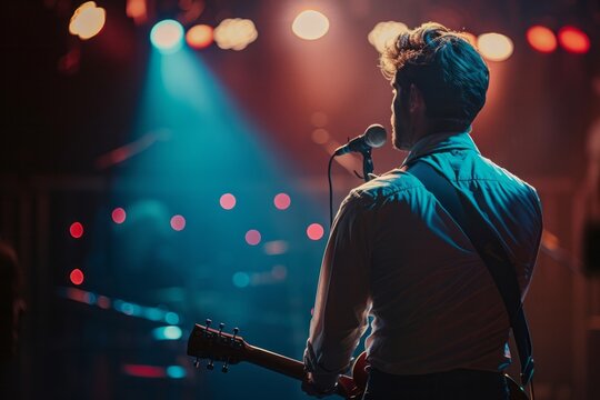 Man Playing Guitar in Front of Microphone