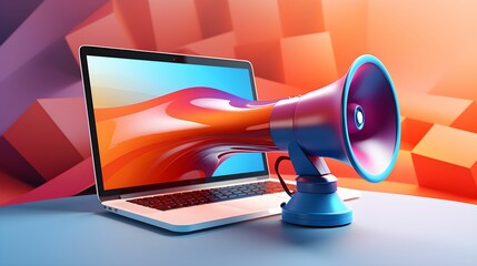 AI generated illustration of a laptop with a megaphone emerging from the screen - obrazy, fototapety, plakaty