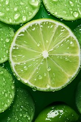 AI generated illustration of  fresh green limes with water drops against a green background