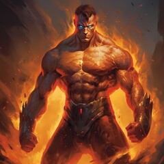 Fototapeta na wymiar Fiery Elemental Superhero With Burning Background, Fantasy Artwork