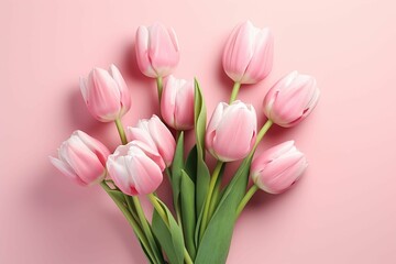 Obraz premium pink flowers and leaves on a pink surface with space for text