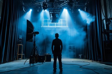 A Man Standing in Front of a Stage With Spotlights - obrazy, fototapety, plakaty