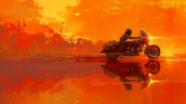 Motorcycle Rider Racing at Sunset with Vibrant Orange Reflection