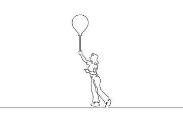 Little girl with a balloon in her hand. Girl in a dress. Child with a balloon. One continuous line...