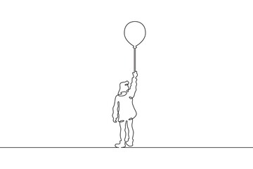 Fototapeta na wymiar Little girl with a balloon in her hand. Girl in a dress. Child with a balloon. One continuous line . Line art. Minimal single line.White background. One line drawing.