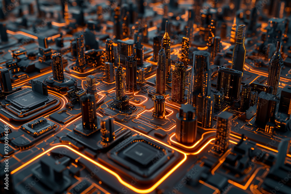 Poster a close-up of a computer's intricate electronic circuit board, showcasing its complex network of com