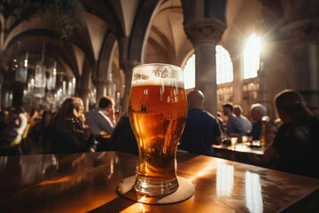 AI generated illustration of a beer glass on a wooden table in a bar setting - obrazy, fototapety, plakaty