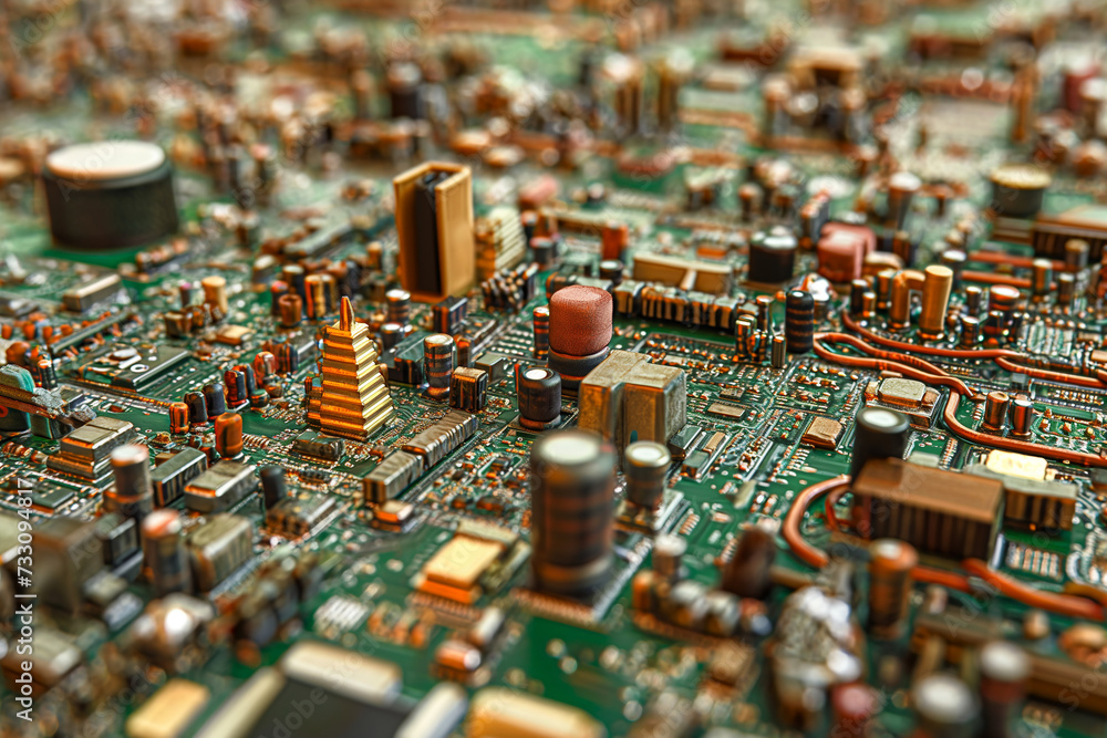 Poster close-up of a computer motherboard's intricate circuitry, revealing a complex network of electronic 