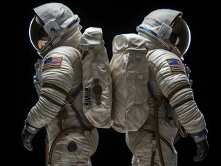 Fototapeta na wymiar AI generated illustration of a pair of astronauts in white space suits on a dark background