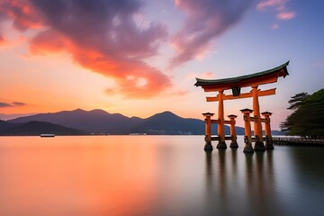 AI generated illustration of a wooden Tori gate standing on a tranquil lake at sunset
