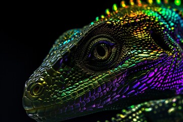 Obraz premium AI generated illustration of a brightly colored lizard head against a black background