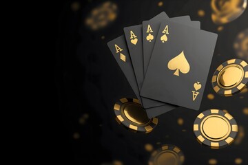casino chips falling with a black background and scattered playing cards