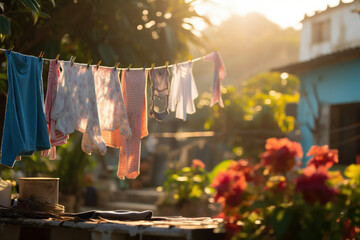 Clothes drying on a line in the warm sunlight, capturing a slice of domestic life. AI Generative.
