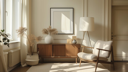 Minimalist Corner with Wooden Sideboard and Armchair in Neutral Palette