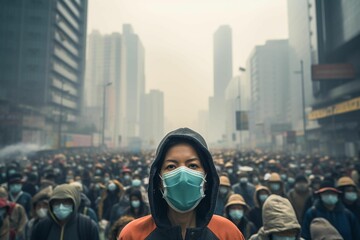 AI generated illustration of a large crowd of people, all wearing protective face masks