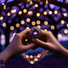 Woman with a purple ring in front of a lit tree
