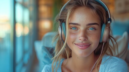 Happy woman using Wireless Headphone listen music