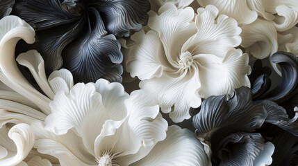 The flowers, reminiscent of sculpture. In black, white and gray tones. Abstract trendy background. Generative AI