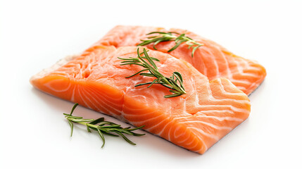 Fresh raw salmon fillet and steak with lemon slices on a green background