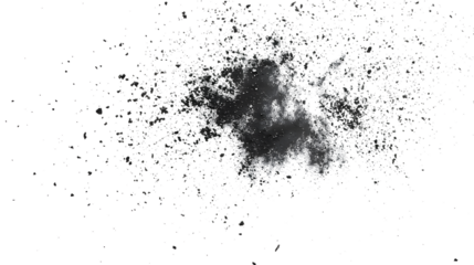 Black chalk pieces and dust flying, effect explode isolated on white