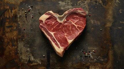A heart shaped piece of meat on a table with spices, AI