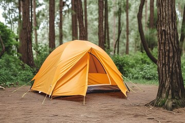 AI generated illustration of a vibrant yellow tent set up underneath a majestic tree in a forest
