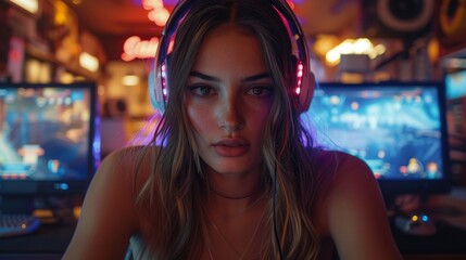 Fototapeta premium Happy gamer woman using Wireless Headphone, playing games in an internet cafe.