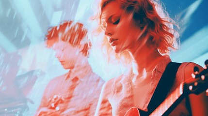 AI illustration of A young woman plays an electric guitar on stage - obrazy, fototapety, plakaty
