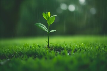 AI generated illustration of a small plant emerging from wet soil after rain