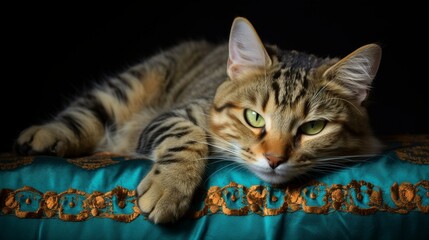 Mellow feline resting comfortably on a cushion.