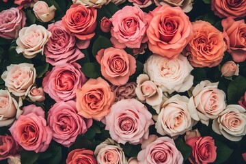 AI generated illustration of assorted vibrant roses blooming densely in a garden