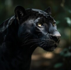 AI-generated illustration of a close-up of a black panther with light yellow eyes