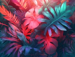 AI generated illustration of a lush tropical background with large leaves in vibrant colors