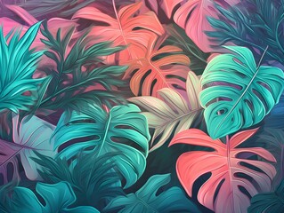 AI generated illustration of a lush tropical background with large leaves in vibrant colors