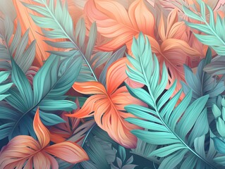 AI generated illustration of a lush tropical background with large leaves in vibrant colors