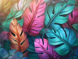 AI generated illustration of a lush tropical background with large leaves in vibrant colors