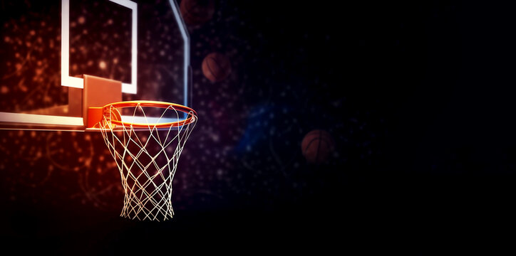 Empty basketball basket. Hoop on a dark background. Banner. Blue lights. Copy space