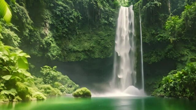 calm, serene waterfall in the green forest, nature landscape