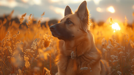german shepherd dog in the meadow during sunset