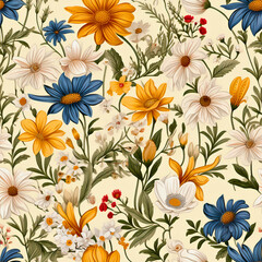 Rustic Wildflower Charm, pattern that evokes the rustic charm of wildflowers found along country roadsides and in old farm meadows, Seamless Floral Pattern, Wildflower JPG, Created using generative AI